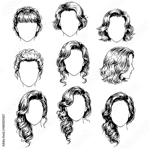 Vintage sketch of various hairstyles and haircuts in nine styles  