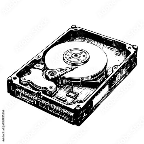 Vintage sketch of a hard disk drive in detailed illustration  