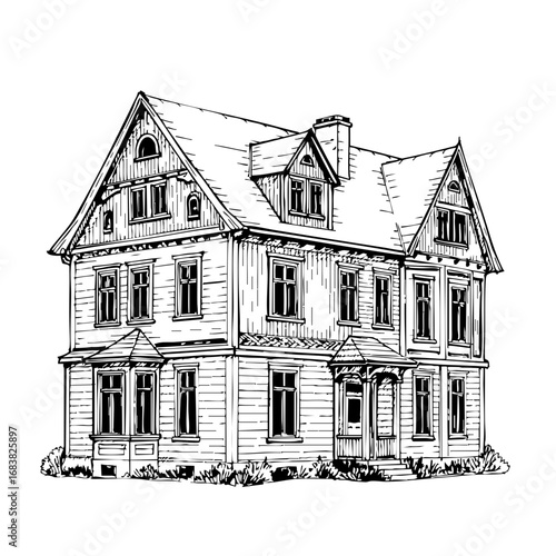 Vintage sketch of a detailed Victorian house with elaborate architecture  