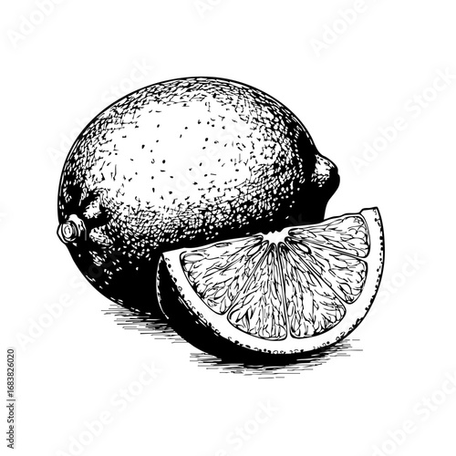 Vintage sketch of a lime with a sliced segment beside it  