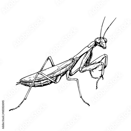 Vintage sketch of a mantis insect in detailed line art  