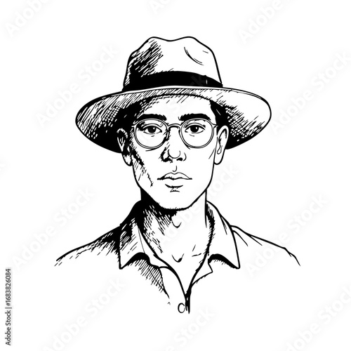 Man with vintage sketch style wearing glasses and a hat  