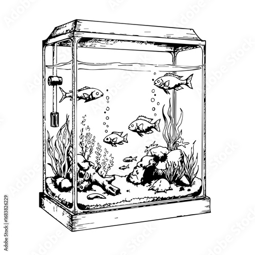 Vintage aquarium sketch featuring various fish and aquatic plants  
