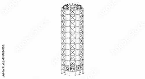 Detailed wireframe of industrial cylindrical tower structure in isometric view