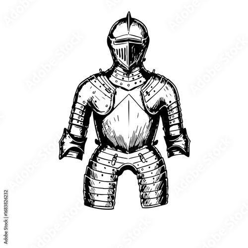 Vintage sketch of a medieval suit of armor in black and white  