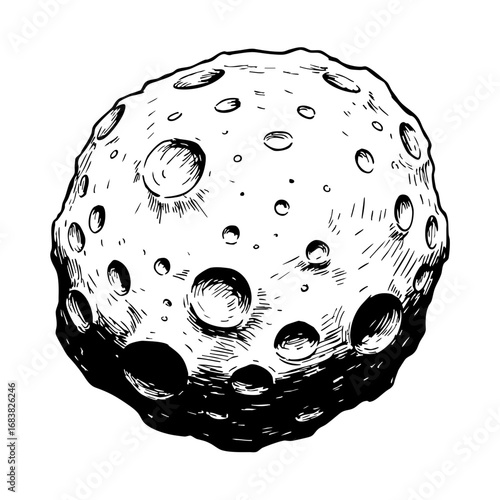 Vintage sketch of an asteroid with craters in black and white  