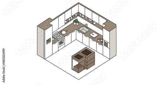 Modern isometric kitchen with compost bin in minimalist design