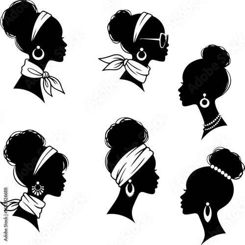 Stylish Female Silhouette Set with Headwraps, Jewelry and Accessories  Fashion Profile Vector