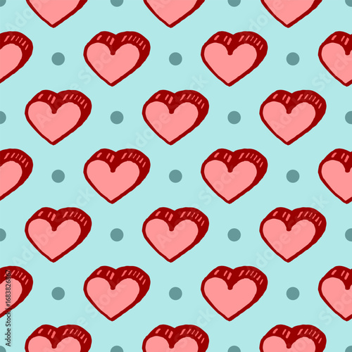 Vector seamless pattern with freehand drawn cartoon voluminous red hearts on cyan background with polka dots