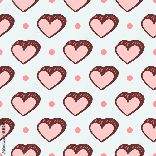 Vector seamless pattern with freehand drawn cartoon voluminous pink hearts on light blue background with polka dots