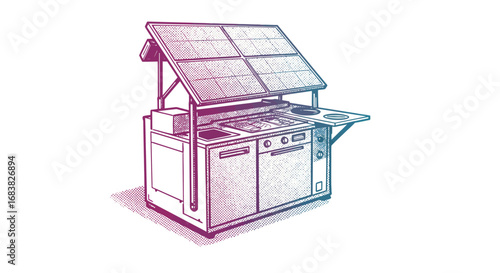 Retro kitchen with solar panels and appliances in halftone style