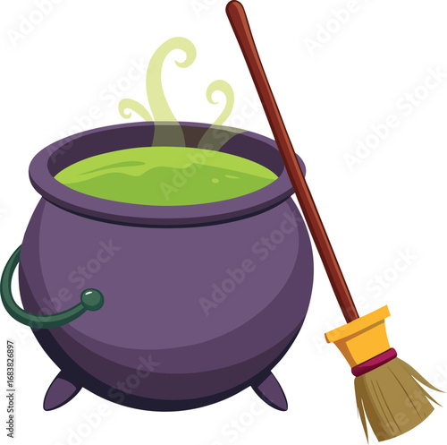 Witch Broomstick Leaning On Cauldron