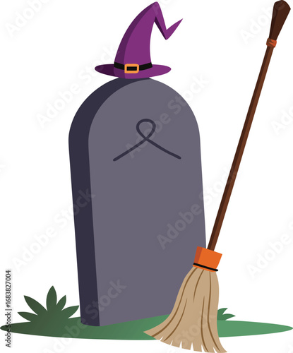 Witch Broomstick Leaning On Gravestone