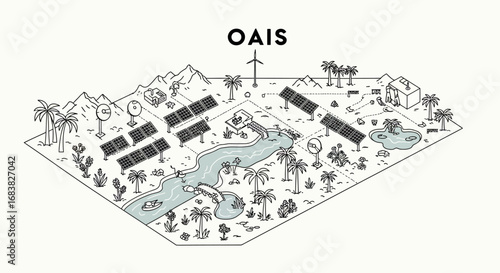 Isometric sustainable energy landscape with solar panels and wind turbine