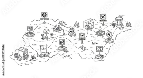 Adventure game doodle map with icons for food, survival, and travel