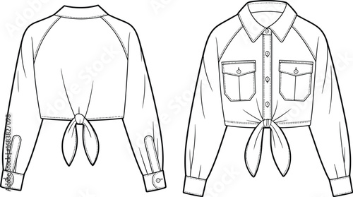 Cropped shirt jacket flat sketch, front and back view, tied knot waist, raglan sleeves, buttoned cuffs, flap pockets, fashion design.