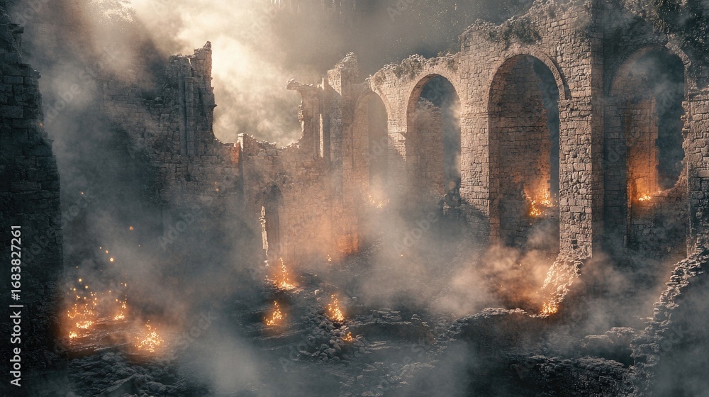 Fototapeta premium Smoke and Fire Inside Arched Ancient Stone Ruins