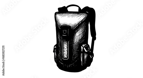 Detailed black and white backpack drawing with vintage crosshatch style