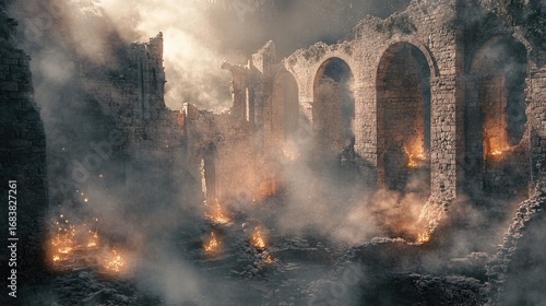 Smoke and Fire Inside Arched Ancient Stone Ruins