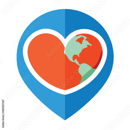 Location pin with a heart and globe inside