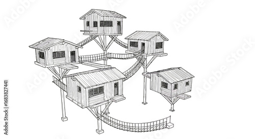 Linear treehouse village with connected bridges and elevated cabins in minima…