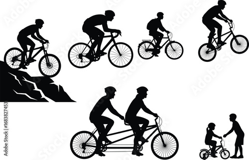 Bicycle silhouette vector, cycling activity illustration, mountain biking, tandem ride, BMX trick, child learning to ride, family outdoor sport concept
