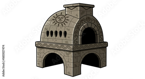 Ancient stone furnace with sun motif design on white background