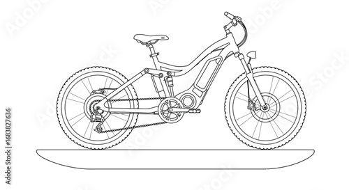 Detailed linear drawing of a mountain bike with full suspension design