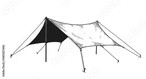Hand drawn camping tent with canopy in black and white