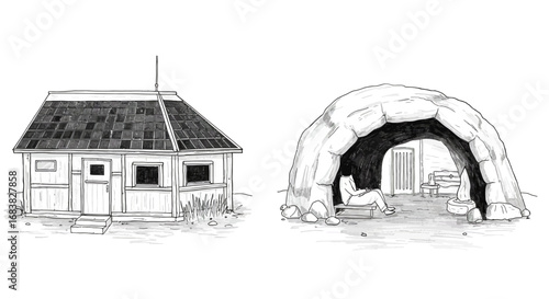 Rustic cabin and cozy cave with furniture in a linear sketch design