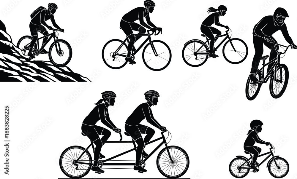 Obraz premium Cycling silhouette vector, mountain biking, road cycling, BMX stunt, tandem bike, child learning to ride, outdoor sport, family activity illustration