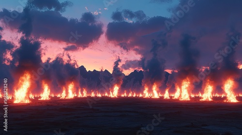 Lava Field with Flaming Steam Columns at Sunset