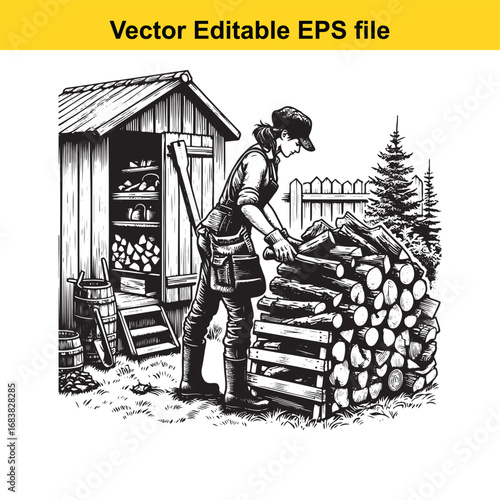 Woodsman stacking firewood next to a shed, vector illustration
