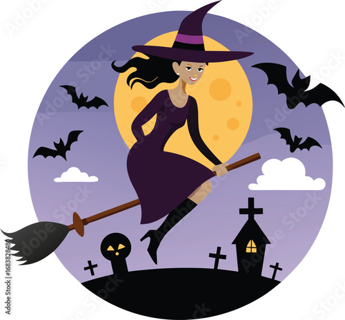Witch Riding Broomstick Above Graveyard