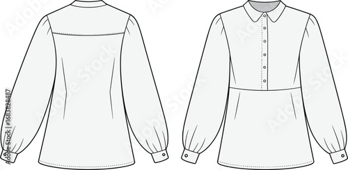 Flat sketch of long sleeve women’s blouse with button placket, fitted waist, classic collar, front and back technical fashion design.