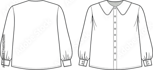 Flat sketch of women’s blouse with scallop collar, button front, long puff sleeves, cuffs, back view, fashion technical design.