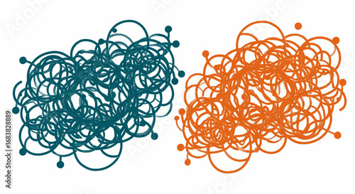 Entangled blue and orange circular scribbles on white background