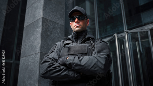 Professional Security Guard in Dark Clothing and Sunglasses Standing with Crossed Arms Near Building