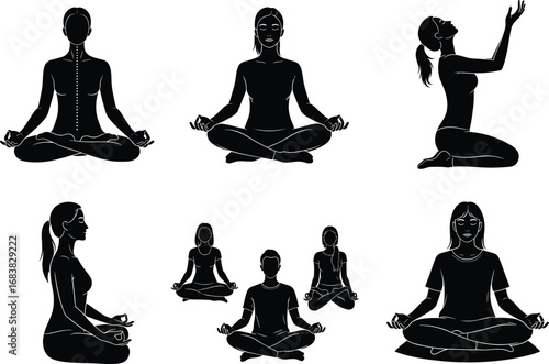 Meditation silhouettes, yoga poses, mindfulness practice, spiritual wellness, seated postures, inner peace, vector illustration, calm energy, relaxation, mental health, body balance