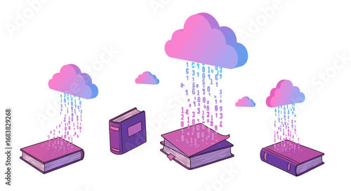 Digital transformation: books evolving into cloud-based data with gradient art