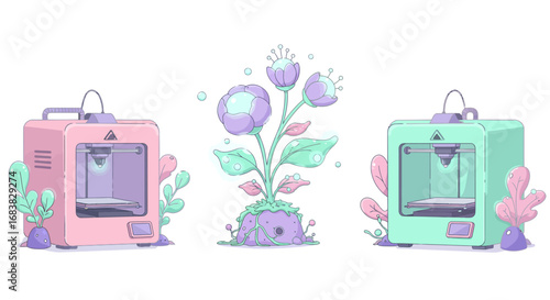 Whimsical 3d printers with floral accents in pastel tones