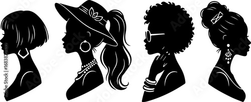 Stylish Female Silhouette Set with Headwraps, Jewelry and Accessories  Fashion Profile Vector