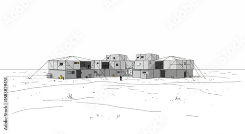 Futuristic desert habitat with geometric architecture in minimalist design