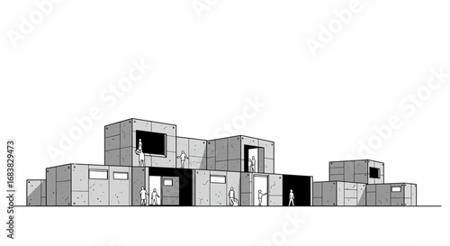 Modern minimalist concrete architecture with people