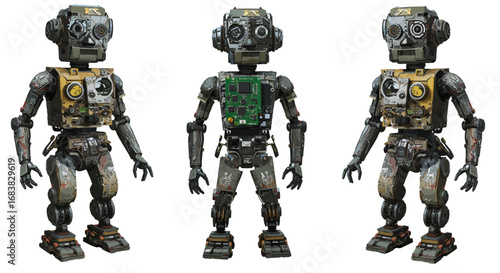 Retro futuristic robot trio with circuit detailing and industrial design