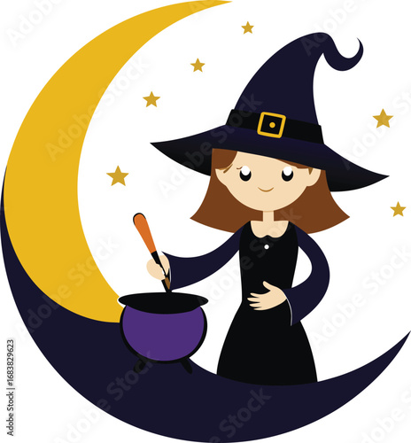 Witch Stirring Potion Under Crescent Moon