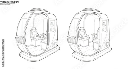 Futuristic virtual reality pod line art for technology concepts