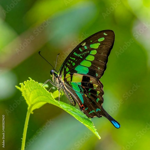 Stunning green butterfly on leaf