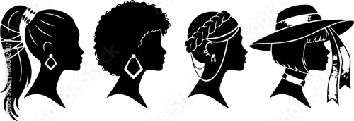 Stylish Female Silhouette Set with Headwraps, Jewelry and Accessories  Fashion Profile Vector