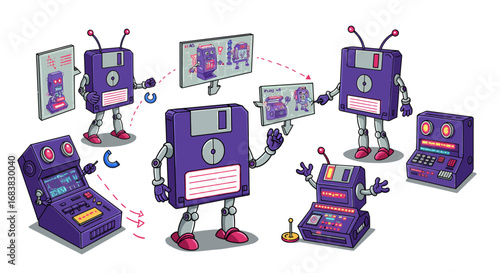 Retro robots with floppy disk heads interacting in a digital office